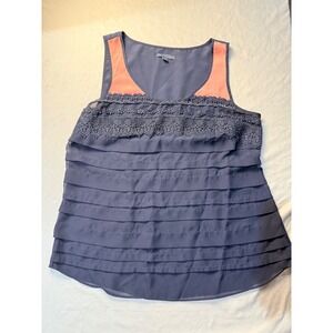 Gap Womens Navy Blue Coral Pink Tiered Ruffle Lace Sleeveless Chiffon Blouse M